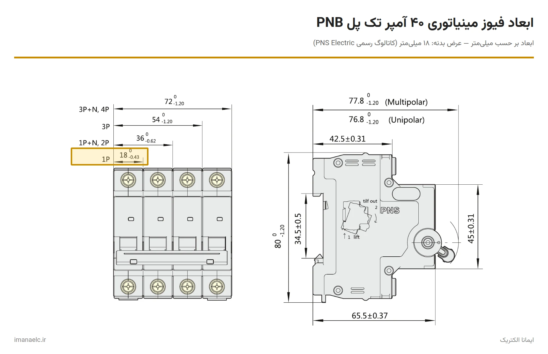 ابعاد و نقشه فیوز 40 امپر تک پل برند PNS
