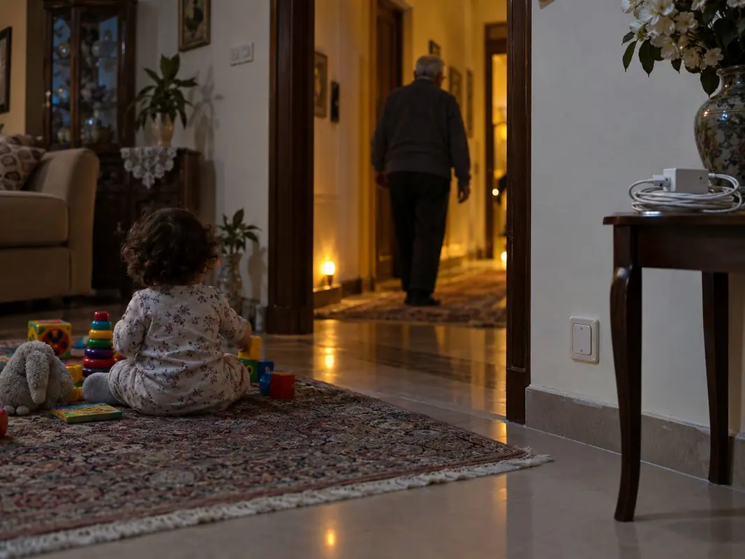 کودک دور از پریز محافظت‌شده بازی می‌کند و سالمند در مسیر روشن خانه راه می‌رود.