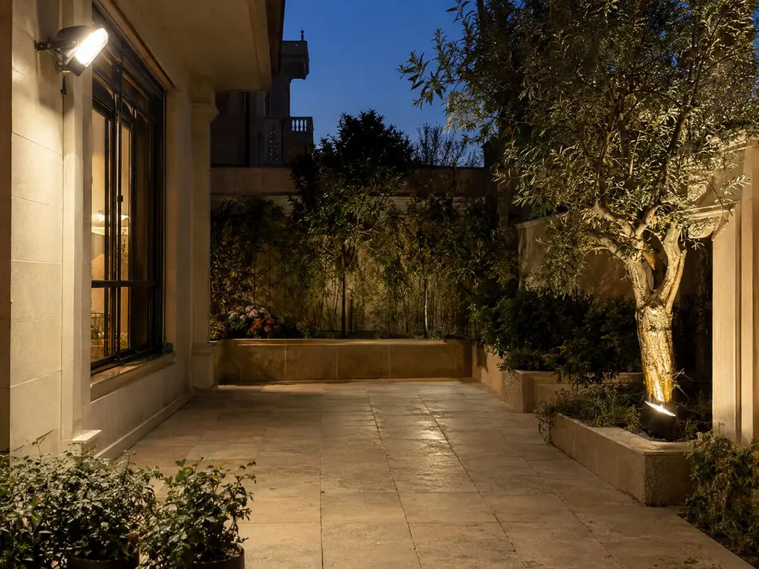 دو پروژکتور LED با زاویه تابش متفاوت، حیاط و درخت کنار نما را روشن میکنند