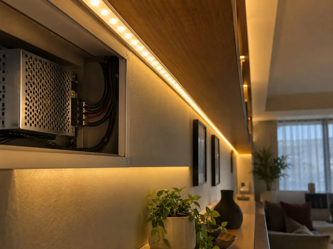 ریسه LED زیر قفسه با ترانس و سیم‌کشی مرتب، نمونه‌ای از افت نور در ریسه LED بلند.