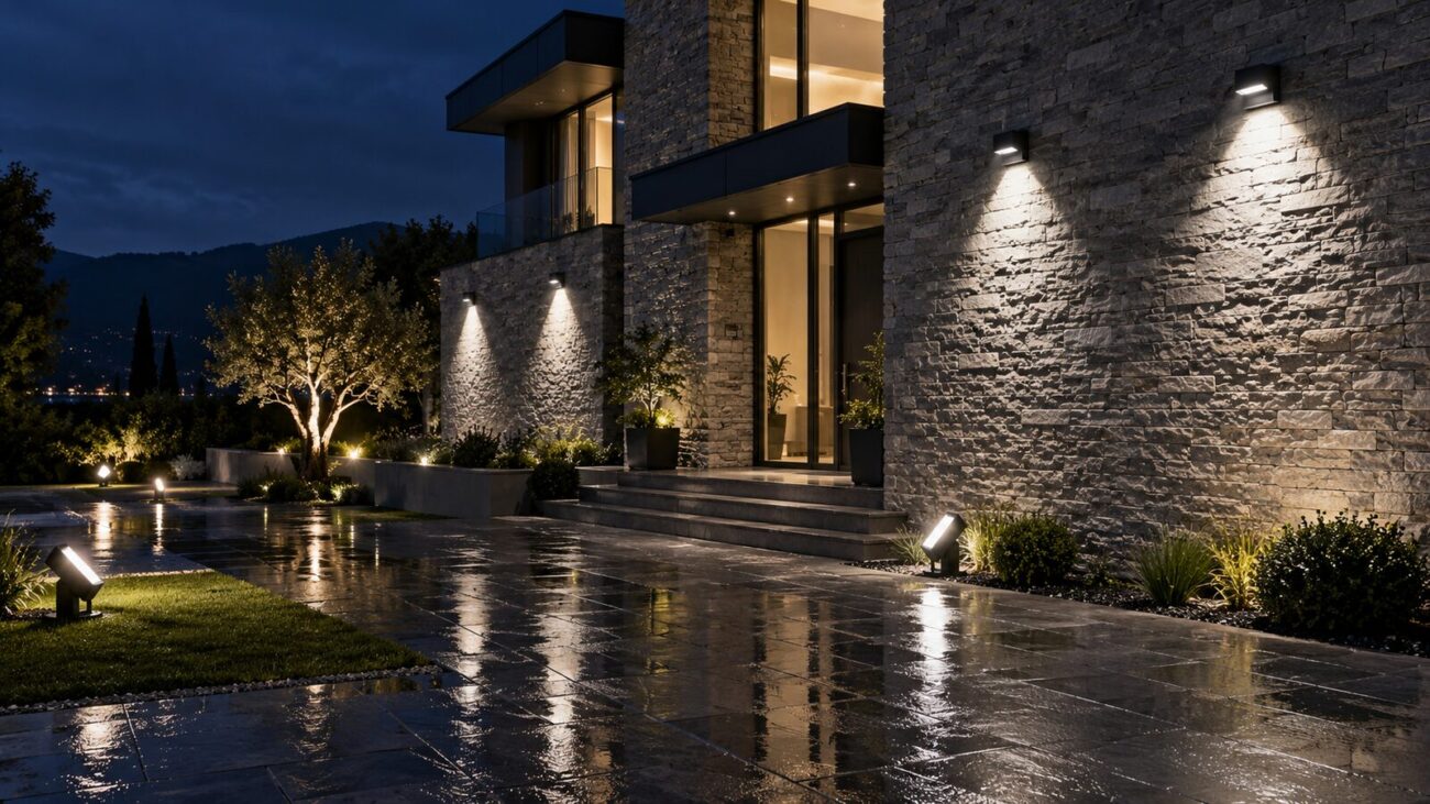 چراغها و پروژکتورهای LED روی نمای سنگی ویلا و حیاط در شب