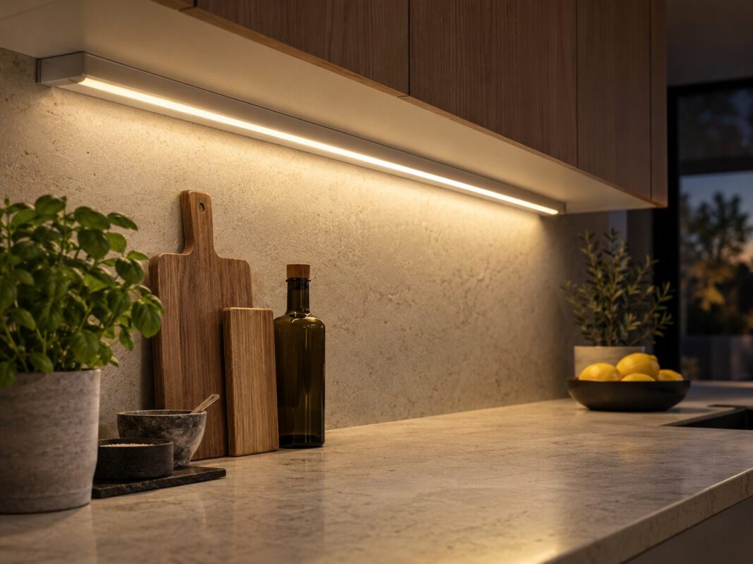ریسهٔ LED آفتابی داخل پروفیل آلومینیومی زیر کابینت آشپزخانه روی صفحهٔ سنگی